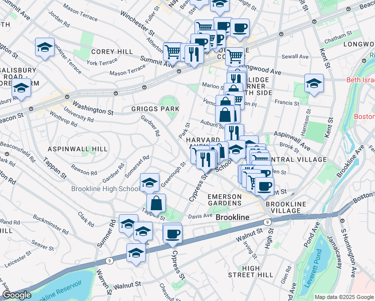 map of restaurants, bars, coffee shops, grocery stores, and more near 454 Washington Street in Brookline