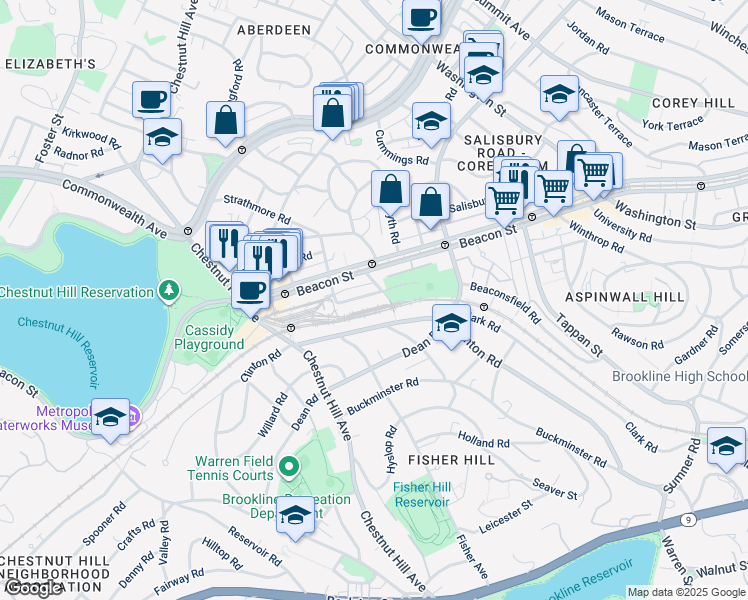 map of restaurants, bars, coffee shops, grocery stores, and more near in Brookline