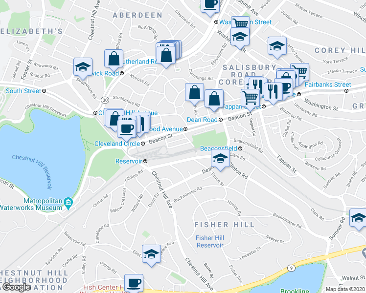 map of restaurants, bars, coffee shops, grocery stores, and more near in Brookline