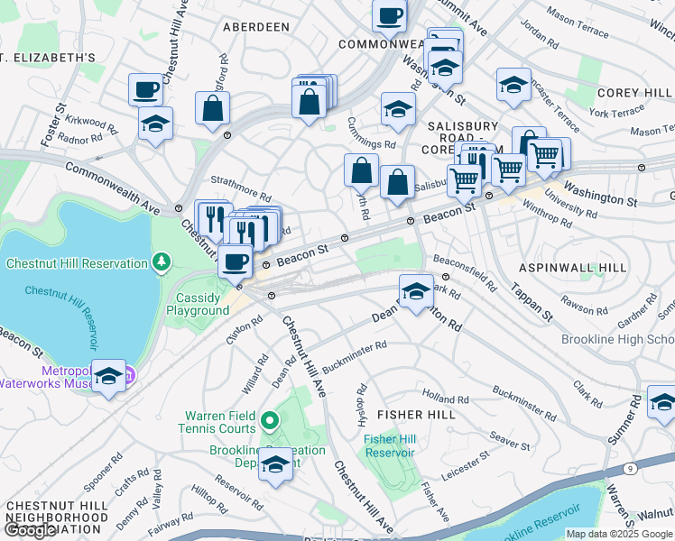 map of restaurants, bars, coffee shops, grocery stores, and more near in Brookline