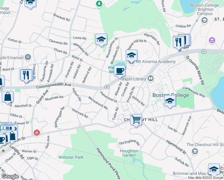 map of restaurants, bars, coffee shops, grocery stores, and more near 97 Manet Road in Newton