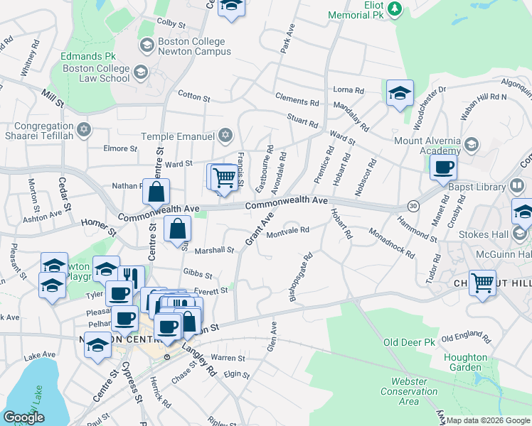 map of restaurants, bars, coffee shops, grocery stores, and more near 516 Commonwealth Avenue in Newton