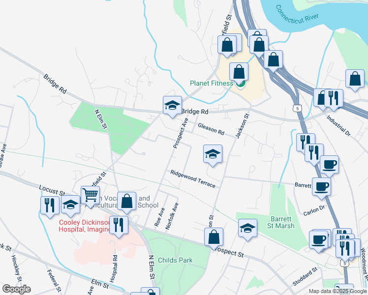 map of restaurants, bars, coffee shops, grocery stores, and more near 157 Prospect Avenue in Northampton