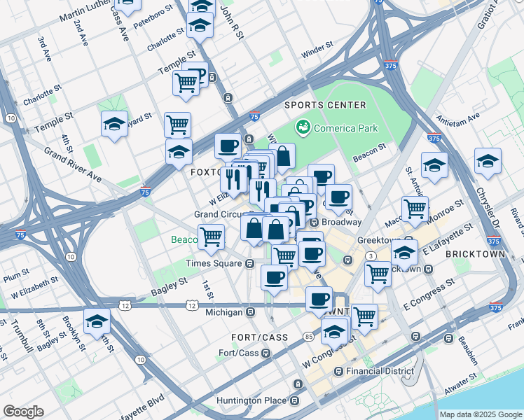 map of restaurants, bars, coffee shops, grocery stores, and more near in Detroit
