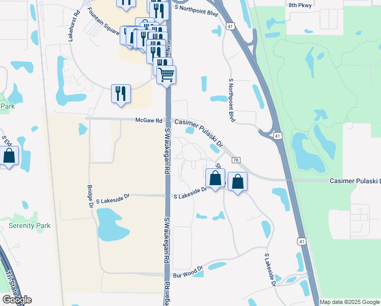 map of restaurants, bars, coffee shops, grocery stores, and more near 1325 South White Oak Drive in Waukegan