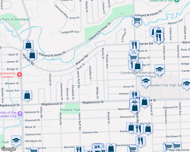 map of restaurants, bars, coffee shops, grocery stores, and more near 6735 Whitby Street in Garden City