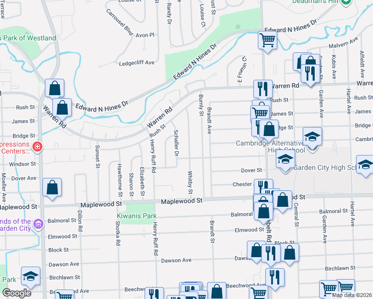 map of restaurants, bars, coffee shops, grocery stores, and more near 6735 Whitby Street in Garden City
