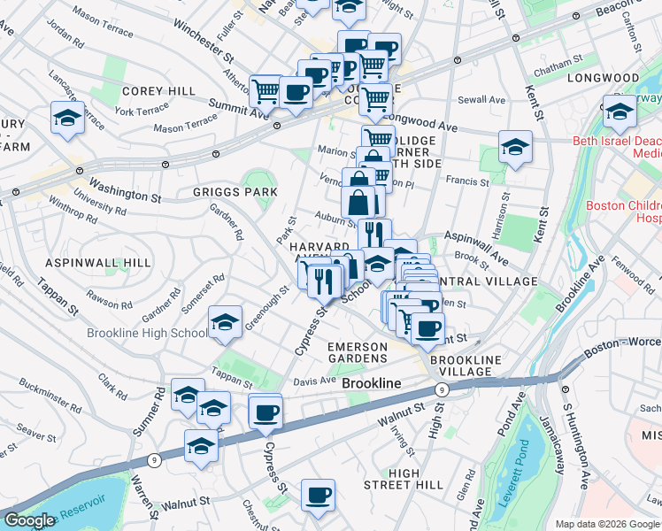 map of restaurants, bars, coffee shops, grocery stores, and more near 42 Harvard Avenue in Brookline