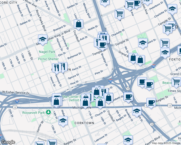 map of restaurants, bars, coffee shops, grocery stores, and more near 2629 Trumbull in Detroit