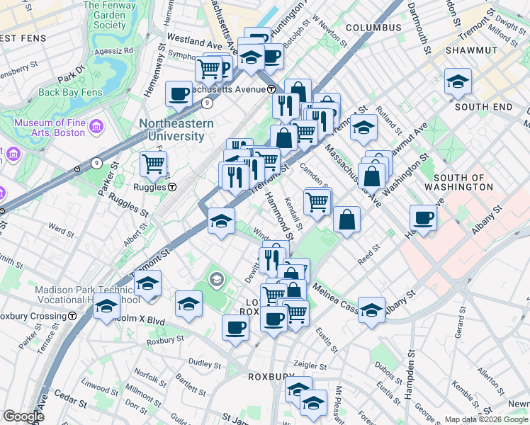 map of restaurants, bars, coffee shops, grocery stores, and more near 10 Sussex Street in Boston