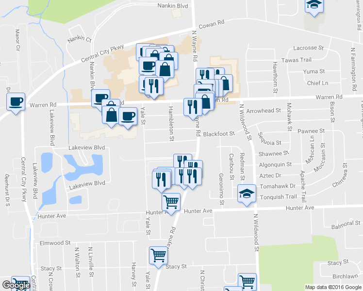 map of restaurants, bars, coffee shops, grocery stores, and more near 35105 Lewis Street in Westland