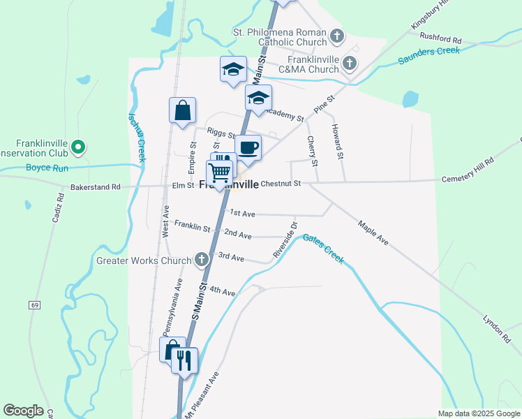 map of restaurants, bars, coffee shops, grocery stores, and more near 20 1st Avenue in Franklinville