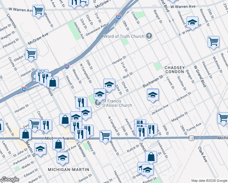 map of restaurants, bars, coffee shops, grocery stores, and more near 4458 Junction Avenue in Detroit
