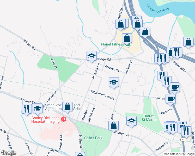 map of restaurants, bars, coffee shops, grocery stores, and more near 157 Prospect Avenue in Northampton