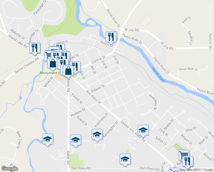 map of restaurants, bars, coffee shops, grocery stores, and more near 3434 Edison Street in Dexter