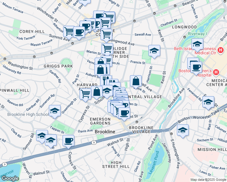 map of restaurants, bars, coffee shops, grocery stores, and more near 14 Homer Street in Brookline