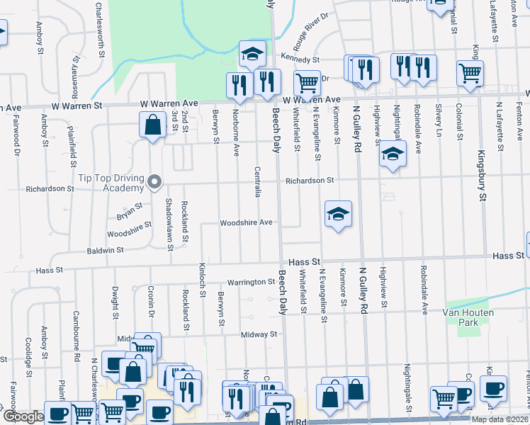 map of restaurants, bars, coffee shops, grocery stores, and more near 6624 Centralia Street in Dearborn Heights