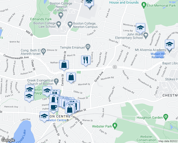 map of restaurants, bars, coffee shops, grocery stores, and more near 538 Commonwealth Avenue in Newton