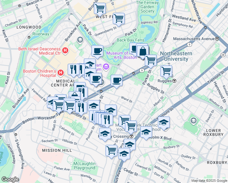 map of restaurants, bars, coffee shops, grocery stores, and more near 610 Huntington Avenue in Boston