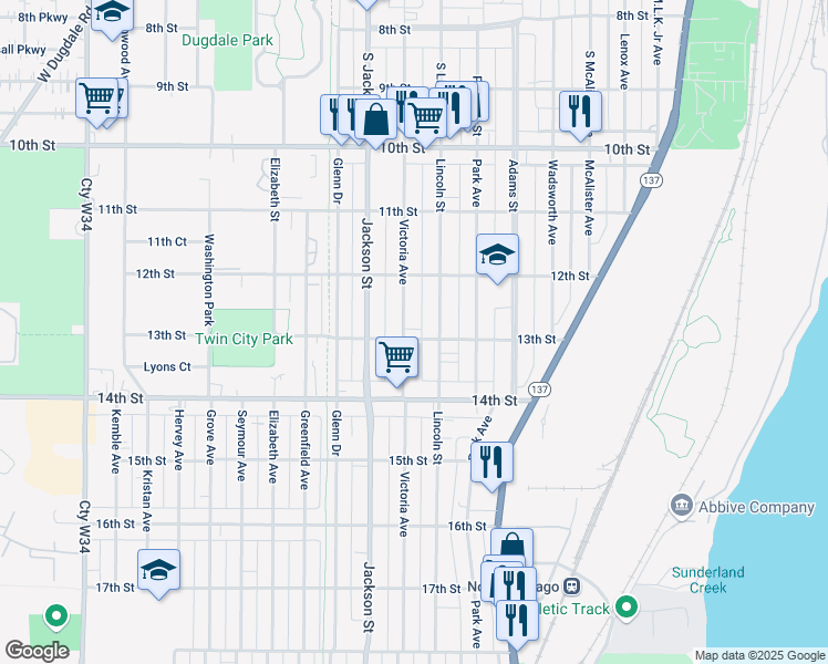 map of restaurants, bars, coffee shops, grocery stores, and more near 1245 Victoria Ave in North Chicago