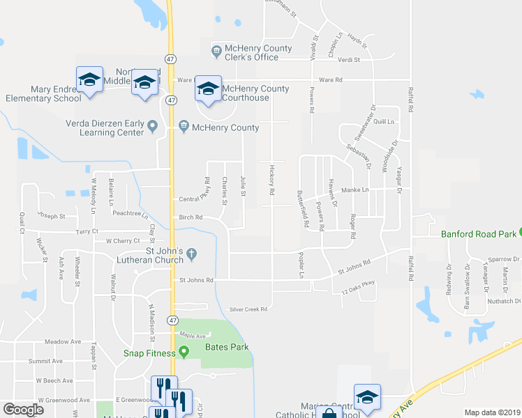 map of restaurants, bars, coffee shops, grocery stores, and more near 611 Hickory Road in Woodstock