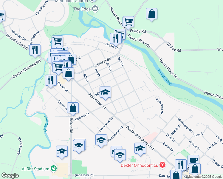 map of restaurants, bars, coffee shops, grocery stores, and more near 3434 Edison Street in Dexter