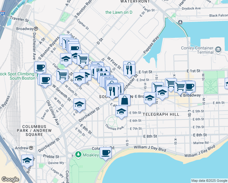 map of restaurants, bars, coffee shops, grocery stores, and more near 102 Dorchester Street in Boston