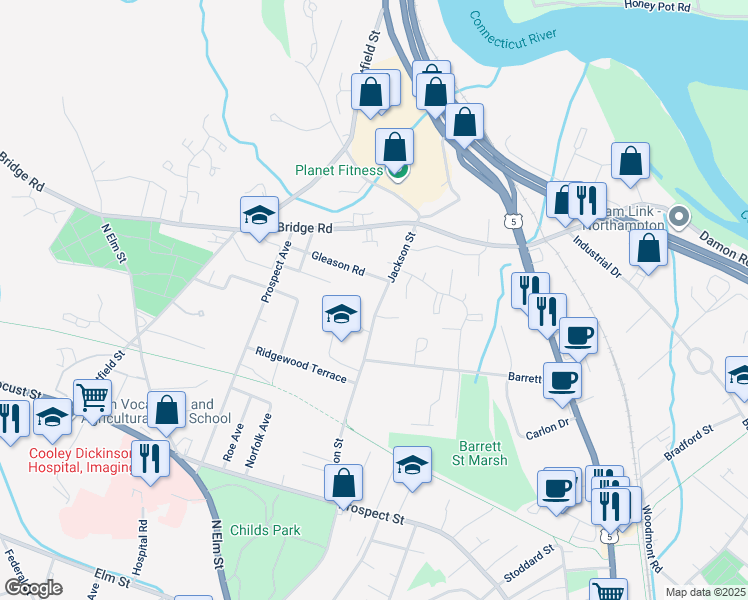 map of restaurants, bars, coffee shops, grocery stores, and more near 186 Jackson Street in Northampton