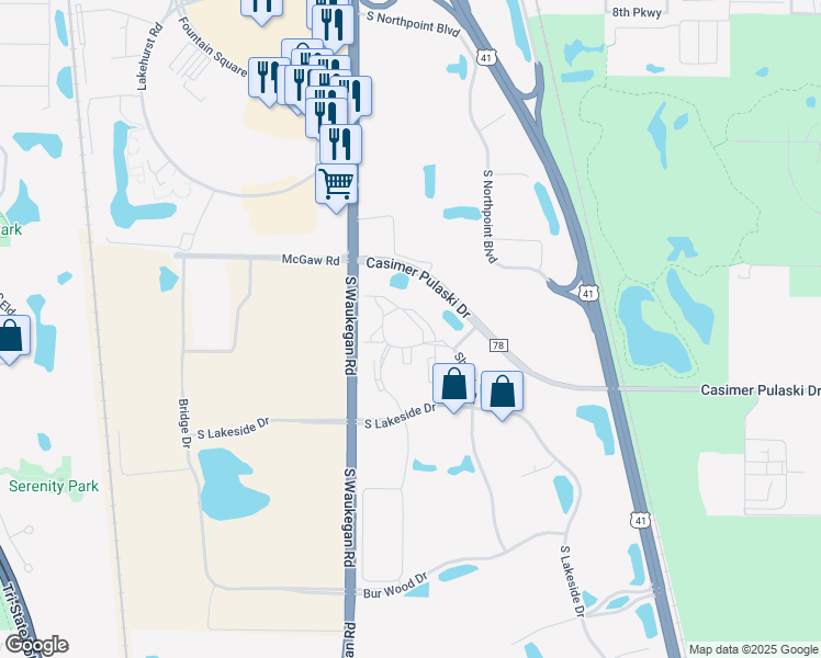 map of restaurants, bars, coffee shops, grocery stores, and more near 1325 South White Oak Drive in Waukegan