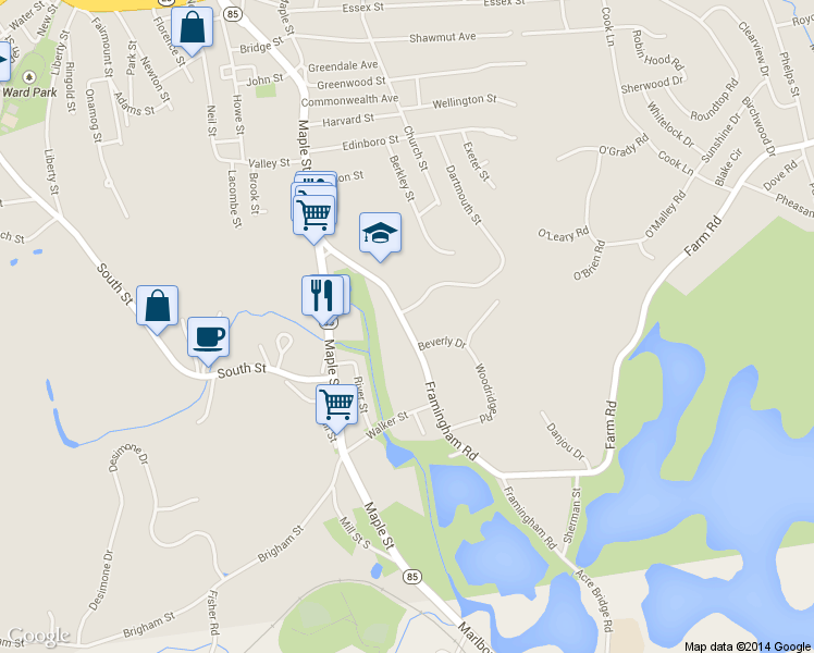 map of restaurants, bars, coffee shops, grocery stores, and more near 108 Framingham Road in Marlborough