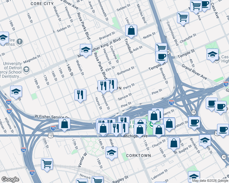 map of restaurants, bars, coffee shops, grocery stores, and more near 2800 Rosa Parks Blvd in Detroit