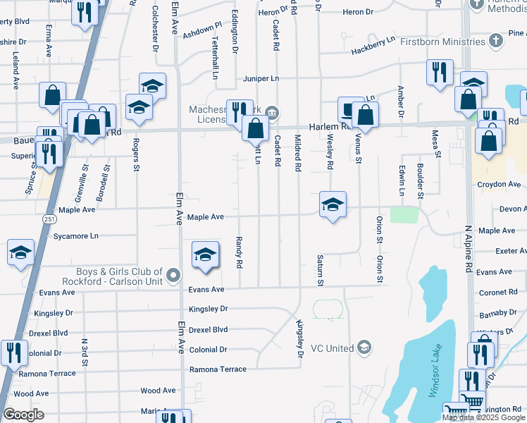 map of restaurants, bars, coffee shops, grocery stores, and more near 7701 Scott Lane in Machesney Park