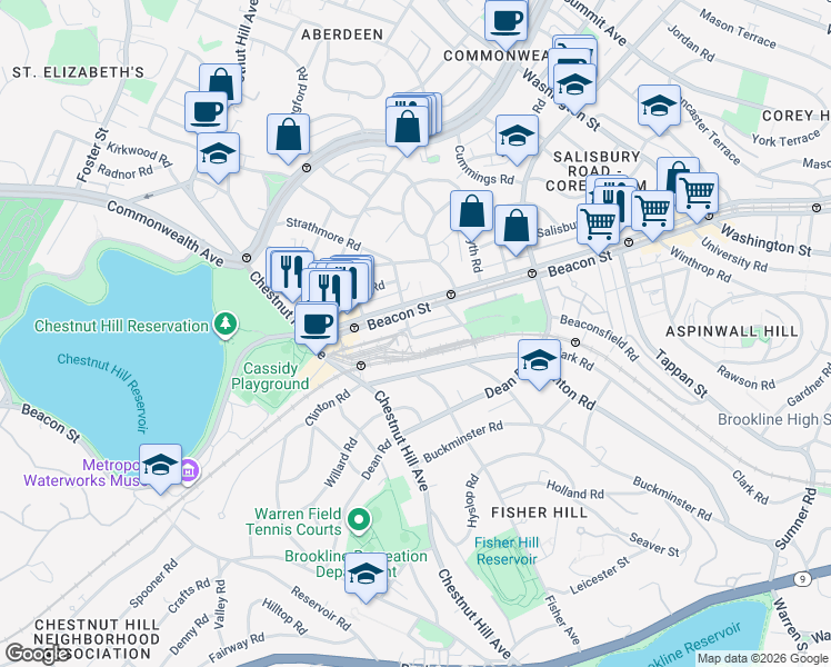 map of restaurants, bars, coffee shops, grocery stores, and more near 19 Strathmore Road in Brookline