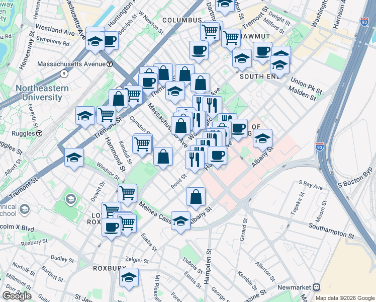 map of restaurants, bars, coffee shops, grocery stores, and more near 1786 Washington Street in Boston