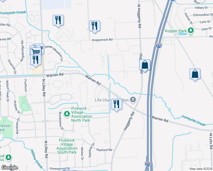 map of restaurants, bars, coffee shops, grocery stores, and more near 41430 Warren Road in Canton