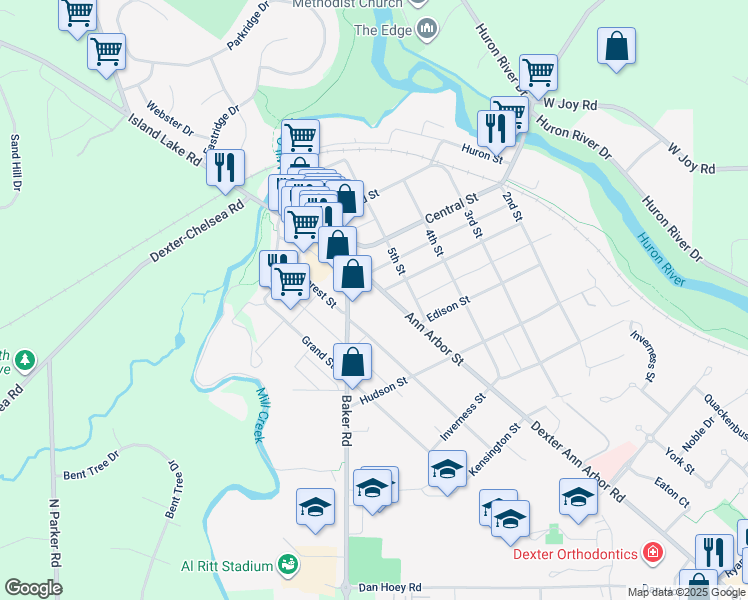 map of restaurants, bars, coffee shops, grocery stores, and more near 7901 Ann Arbor St in Dexter