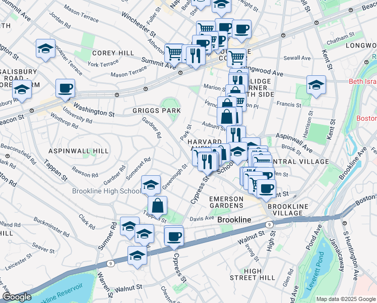 map of restaurants, bars, coffee shops, grocery stores, and more near 454 Washington Street in Brookline