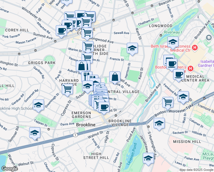 map of restaurants, bars, coffee shops, grocery stores, and more near 13 Tabor Place in Brookline