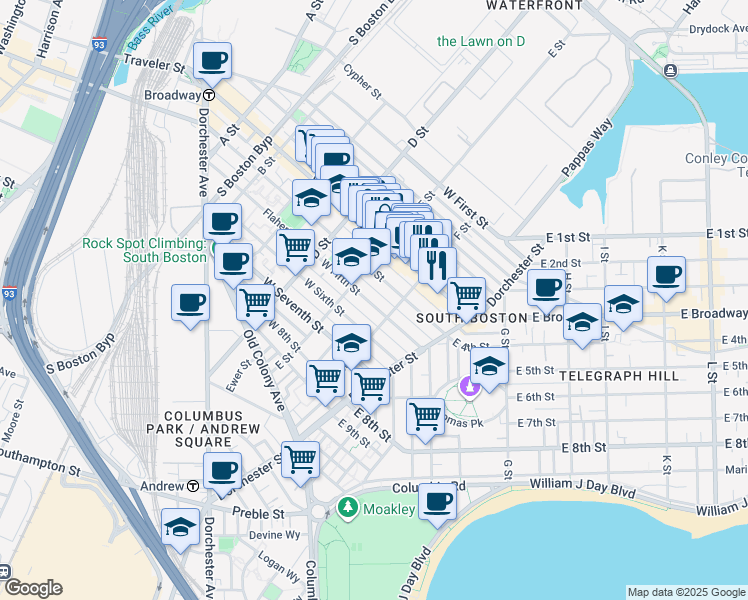 map of restaurants, bars, coffee shops, grocery stores, and more near 223 West Fifth Street in Boston