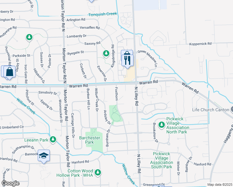 map of restaurants, bars, coffee shops, grocery stores, and more near 7044 Foxthorn Road in Canton