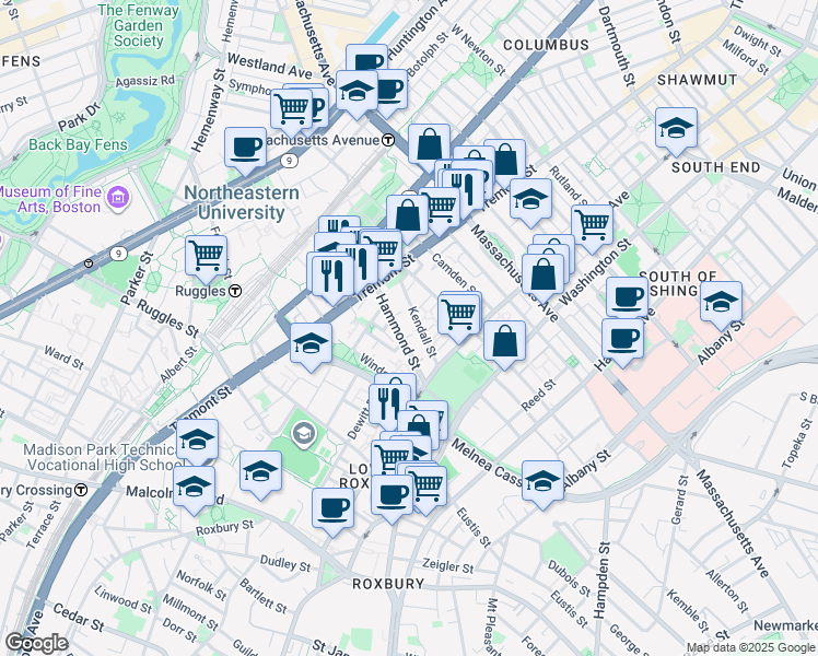 map of restaurants, bars, coffee shops, grocery stores, and more near 10-70 Kendall Street in Boston