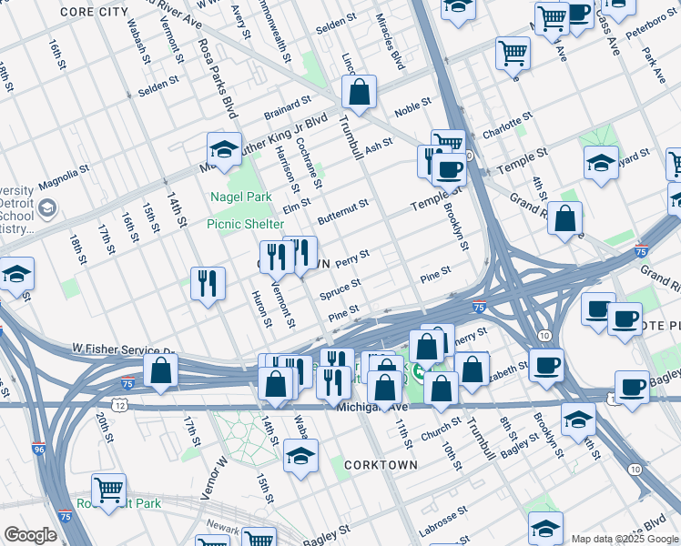 map of restaurants, bars, coffee shops, grocery stores, and more near 2728 Harrison Street in Detroit