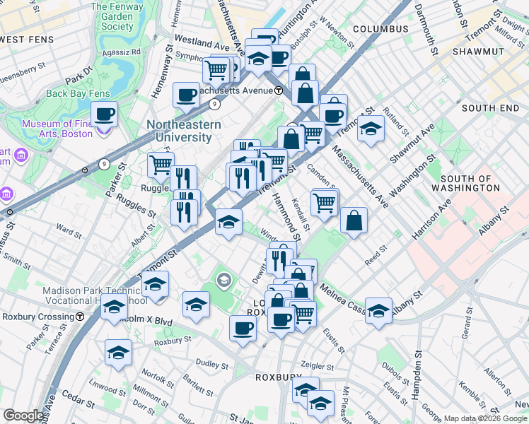 map of restaurants, bars, coffee shops, grocery stores, and more near 49 Warwick Street in Boston