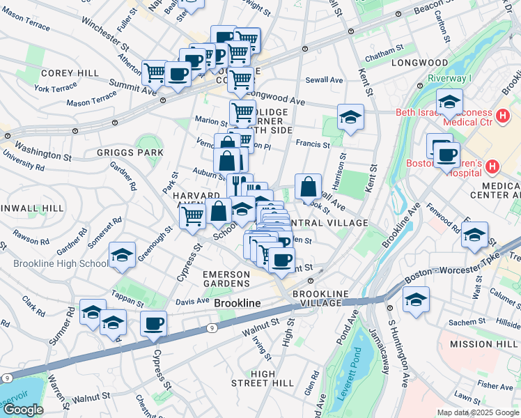 map of restaurants, bars, coffee shops, grocery stores, and more near 14 Homer Street in Brookline