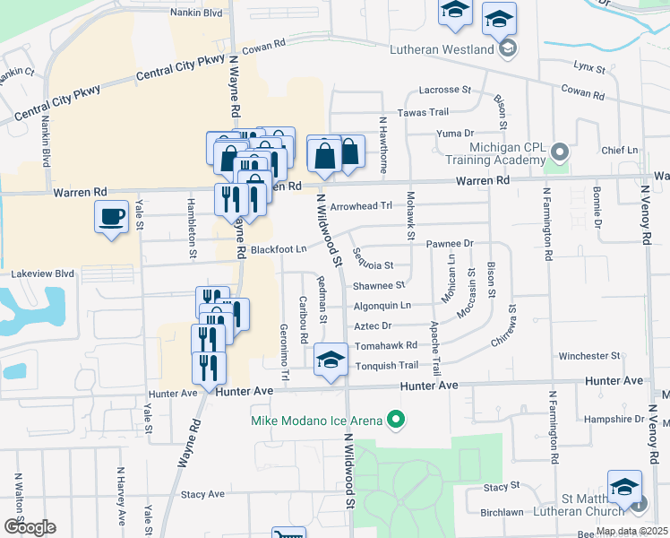 map of restaurants, bars, coffee shops, grocery stores, and more near 6925 North Wildwood Street in Westland