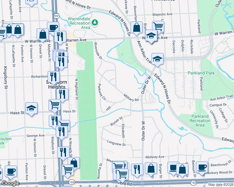 map of restaurants, bars, coffee shops, grocery stores, and more near 23307 Military Road in Dearborn Heights