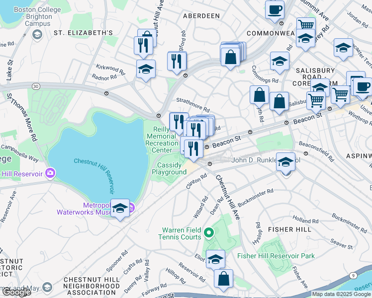 map of restaurants, bars, coffee shops, grocery stores, and more near 1948 Beacon Street in Boston