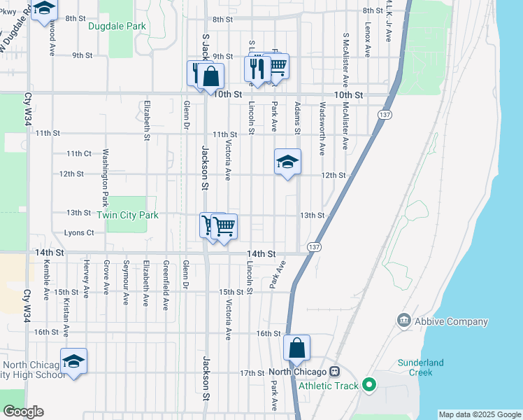 map of restaurants, bars, coffee shops, grocery stores, and more near 812 13th Street in North Chicago
