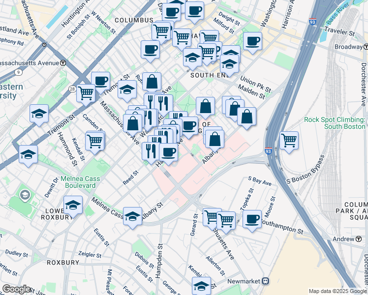map of restaurants, bars, coffee shops, grocery stores, and more near 91 East Concord Street in Boston