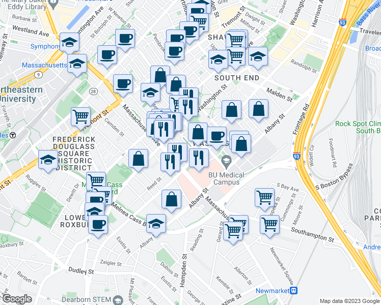map of restaurants, bars, coffee shops, grocery stores, and more near 33 Worcester Square in Boston